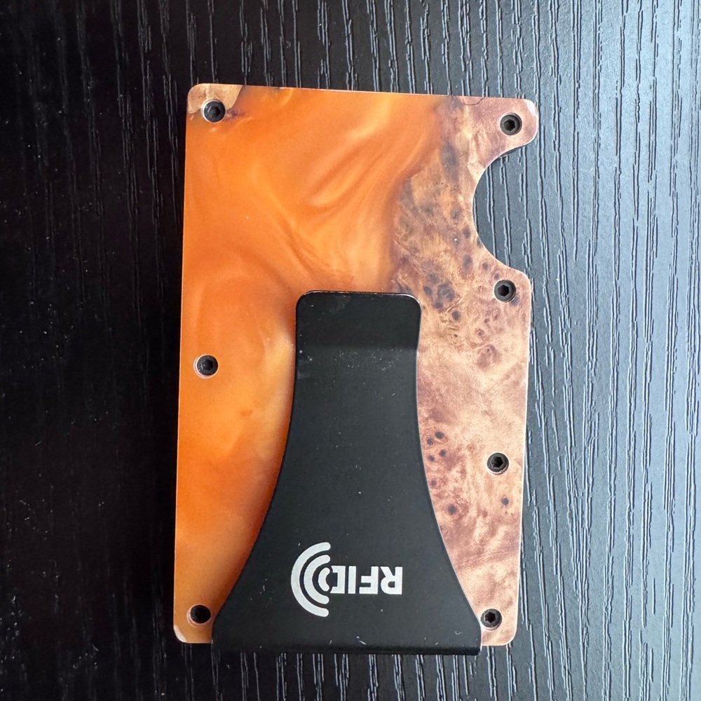 RFID Blocking Wallet with Orange and wood grain style design